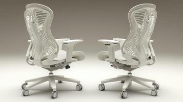 Two white ergonomic office chairs, side view. photo