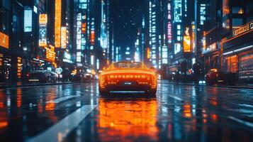 Cyberpunk city street, rain, car. photo