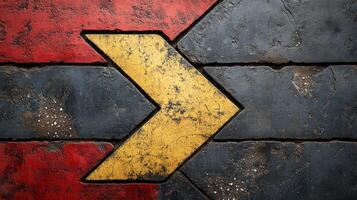 Worn yellow arrow on red and gray stone pavement. photo