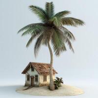 Small beach hut beside a palm tree on a tiny island. photo