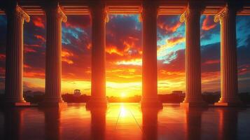 Sunset view through classical columns. photo