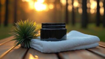 Black jar of cream on towels outdoors at sunset. photo