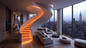 Modern apartment with spiral staircase and city view. photo