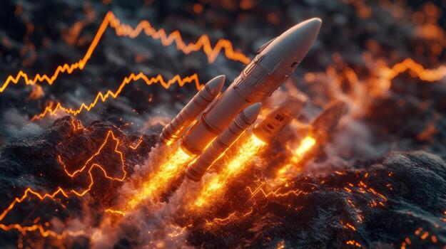 Rocket launching amidst fiery, volatile market graph. photo