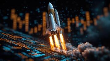 Space shuttle launching from digital landscape. photo
