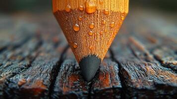 Close-up of a wet pencil point on wood. photo