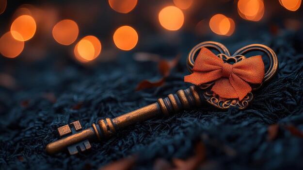 Antique key with bow on dark surface. photo