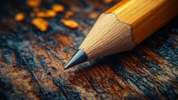 Close-up of sharpened pencil on wood. photo