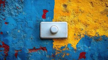 White button on blue and yellow wall. photo