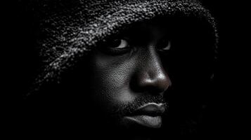 Close-up portrait of a serious hooded man. photo