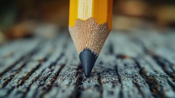 Close-up of a sharpened pencil on wood. photo