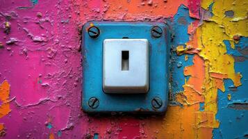 Vintage light switch on colorful, peeling paint. photo