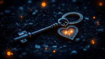 Antique key with glowing heart charm on dark ground. photo