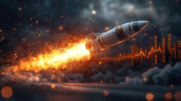 Rocket launching amidst fiery smoke and financial charts. photo