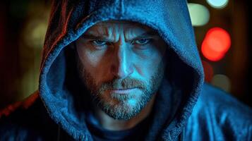 Angry man in hoodie at night. photo