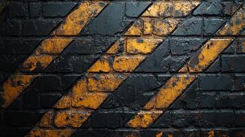 Black and yellow stripes on a grungy brick wall. photo