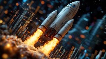 Rocket launching from futuristic city. photo