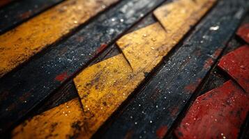 Close-up of weathered, diagonally striped wooden planks with yellow, red, and black paint, showing texture and water droplets. photo