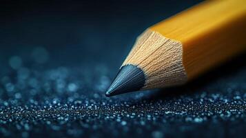 Close-up of a sharpened pencil point on a dark surface. photo