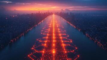 Futuristic city skyline at sunset, road leading to skyscrapers. photo