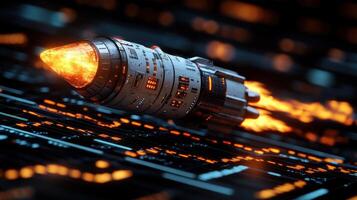 Futuristic rocket launching on circuit board. photo