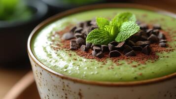 Close-up of green smoothie with chocolate and mint. photo