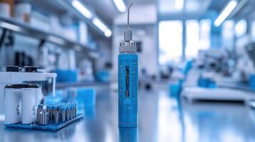 Blue medical instrument on lab bench. photo