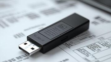 Black USB flash drive on documents. photo