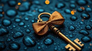 Antique key with bow on wet surface. photo