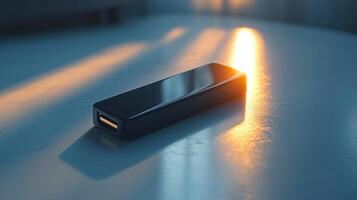 Black portable charger in sunlight. photo