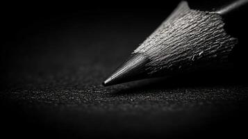 Close-up of sharpened black pencil point on dark surface. photo