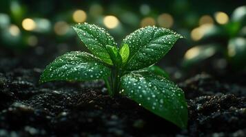 Dew-covered sprout emerging from dark soil. photo