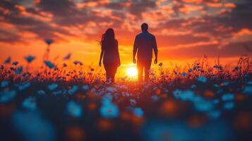 Couple silhouetted at sunset in a flower field. photo