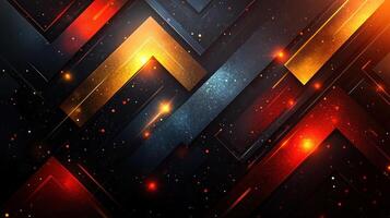 Abstract geometric dark background with glowing orange and red arrows. photo