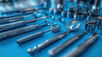 Close-up of shiny dental instruments on blue background. photo