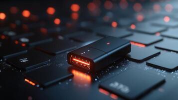 Futuristic USB drive on keyboard. photo