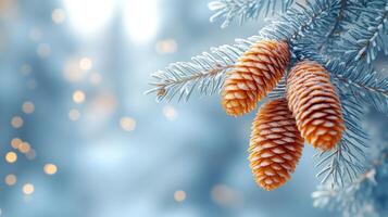 Frosty pine branch with three orange cones. photo