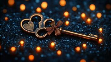 Antique heart key on sparkling background. photo
