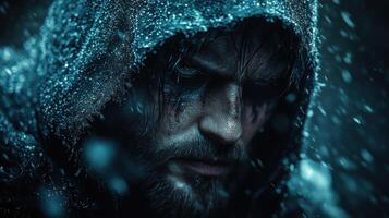 Frozen warrior in blizzard. photo