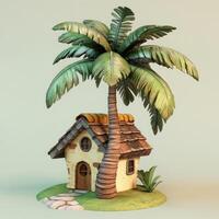 Cartoon beach house under palm tree. photo