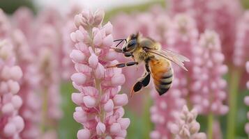Bee pollinating pink lupine flowers. photo