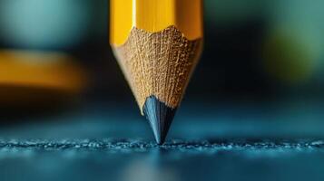 Close-up of a sharpened pencil point on dark surface. photo