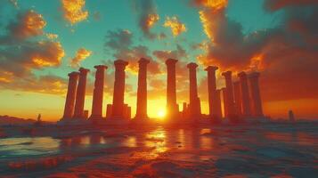 Ancient ruins at sunset, columns, sky. photo