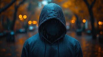 Anonymous hooded figure in rain. photo