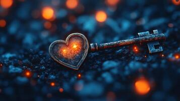 Glowing heart-shaped key on dark surface. photo