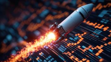 Futuristic rocket launching over digital data stream. photo