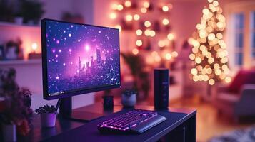 Festive computer setup with city lights wallpaper. photo
