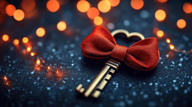 Antique key with red bow, bokeh lights. photo