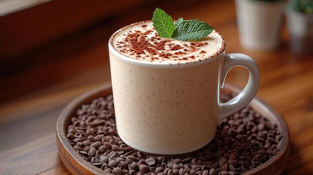 Creamy coffee drink with cocoa topping and mint. photo