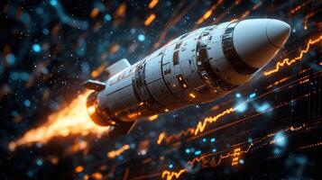 Futuristic rocket launching through digital space photo